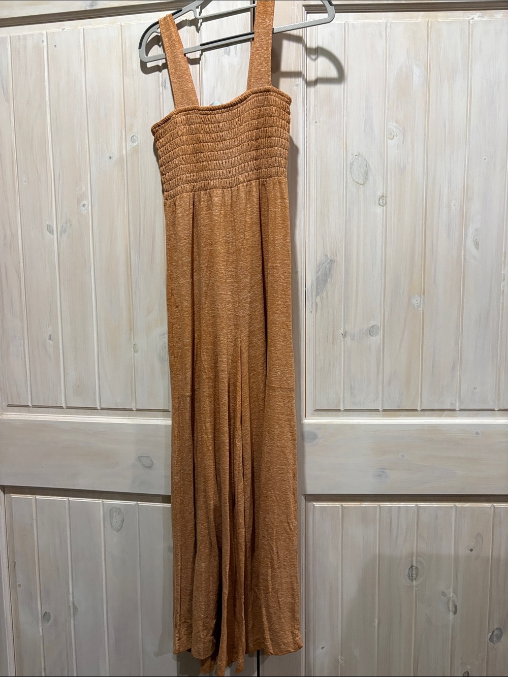 Smocked Wide-Strap Jumpsuit in Rust